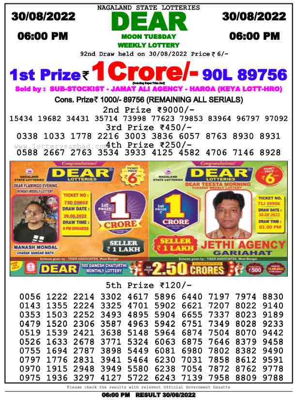 Lottery Sambad Day Result 6 PM 30.8.2022