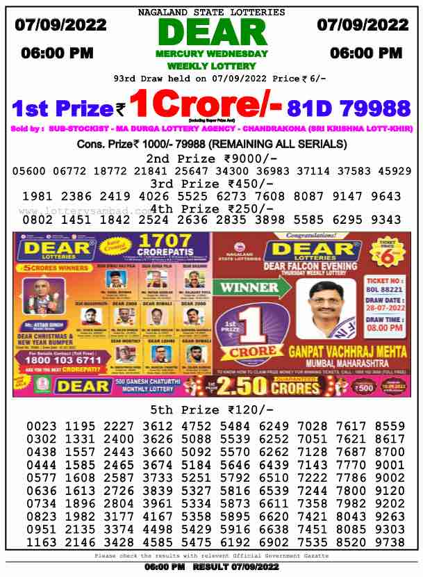 Lottery Sambad Day Result 6 PM 7.9.2022