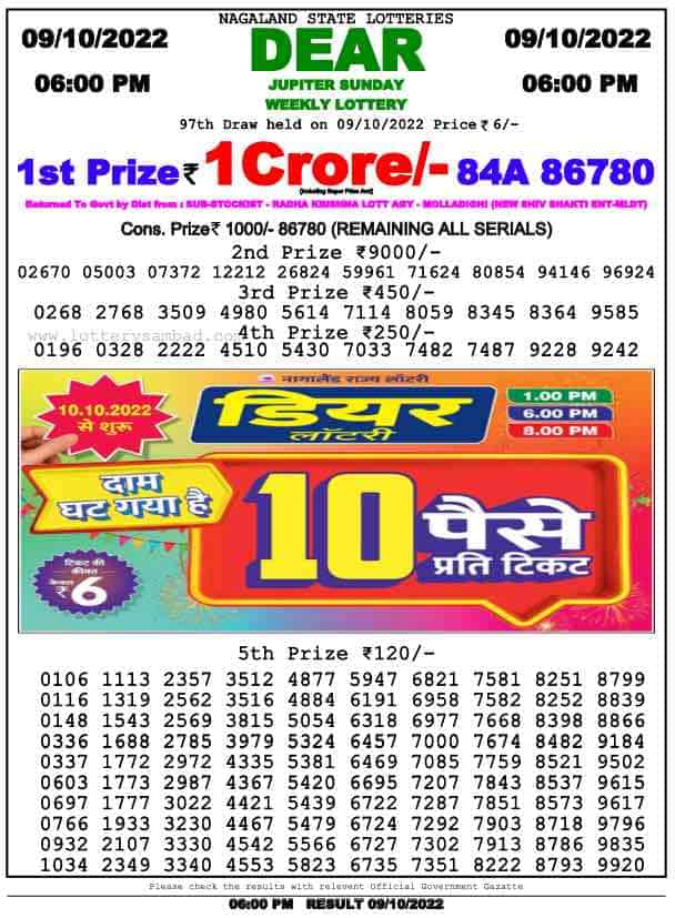 Lottery Sambad Day Result 6 PM 9.10.2022