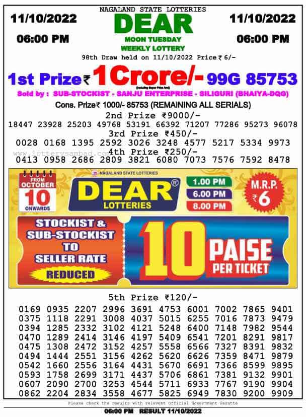 Lottery Sambad Day Result 6 PM 11.10.2022