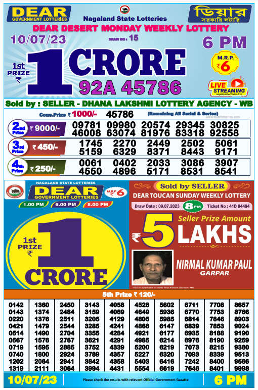 Lottery Sambad Day Result 6 PM 10.7.2023