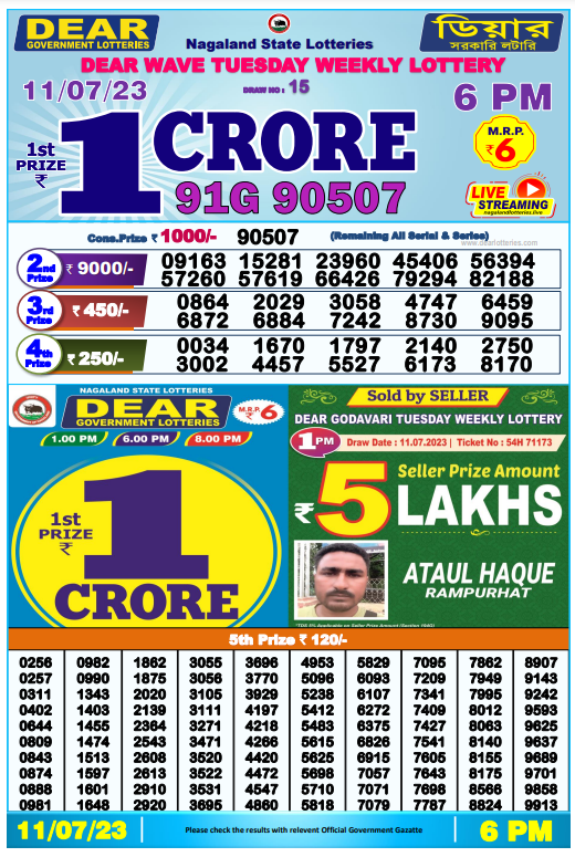 Lottery Sambad Day Result 6 PM 11.7.2023