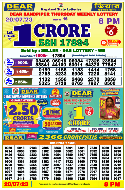 Lottery Sambad 8 PM Evening Result 20.7.2023