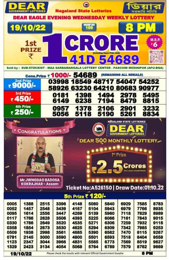 Lottery Sambad 8 PM Evening Result 19.10.2022