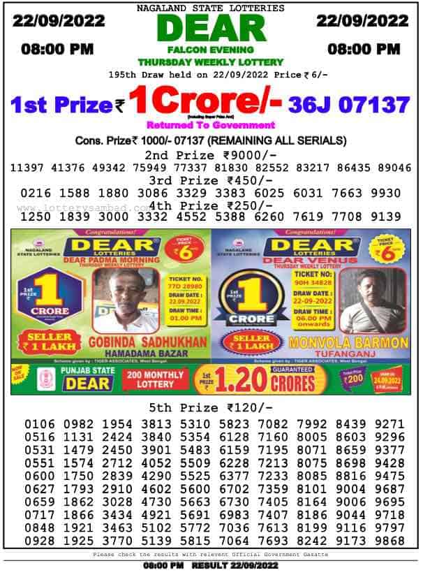 Lottery Sambad 8 PM Evening Result 22.9.2022