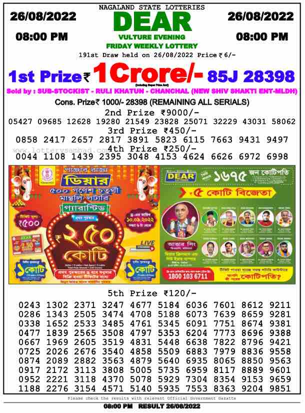Lottery Sambad Night Result 8 PM 26.8.2022