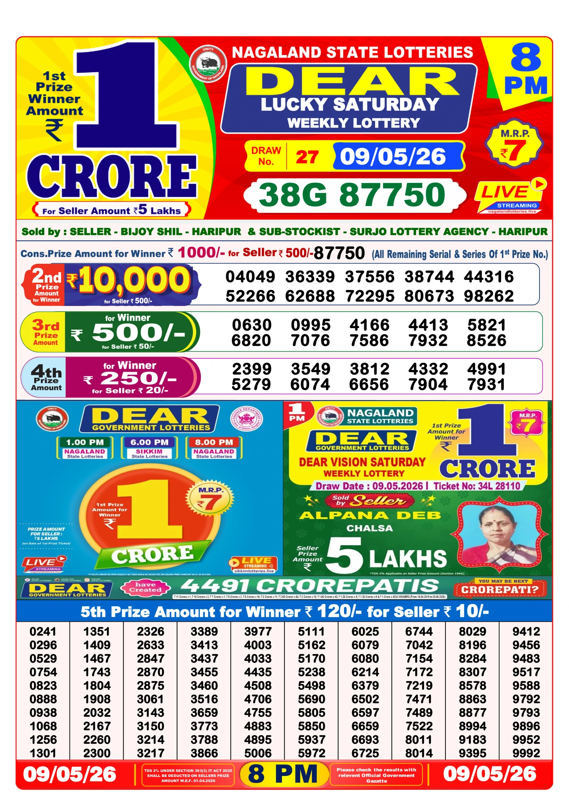 Lottery Sambad 8 PM Evening Result 9.5.2026