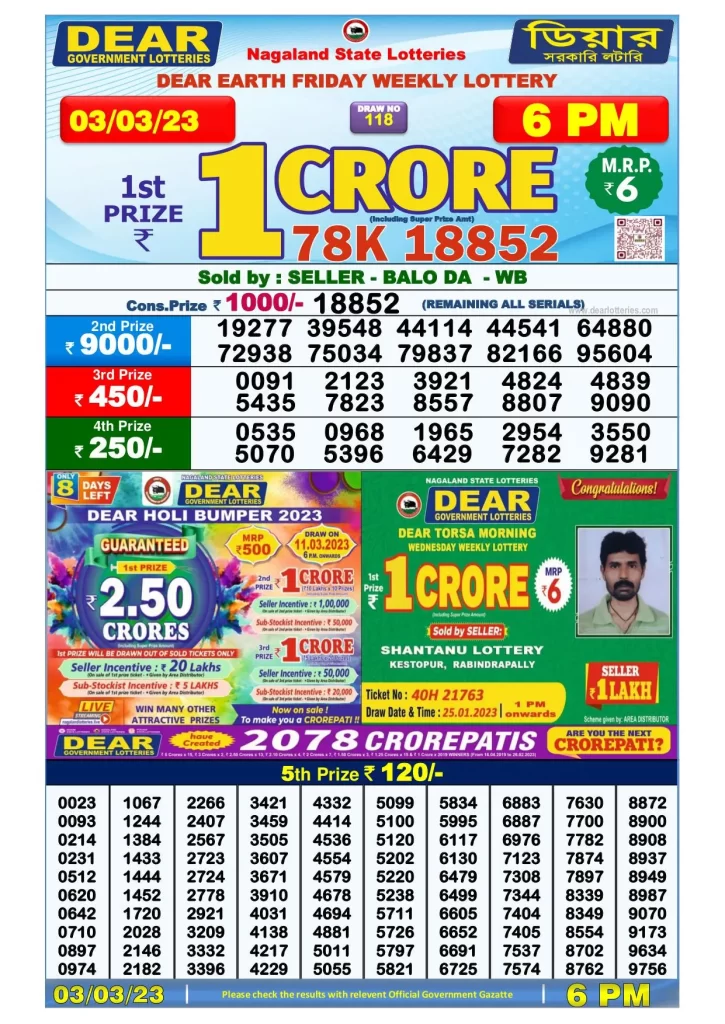 Lottery Sambad Day Result 6 PM 3.3.2023 