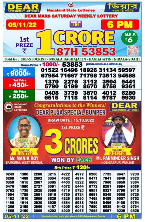 Lottery Sambad Day Result 6 PM 5.11.2022