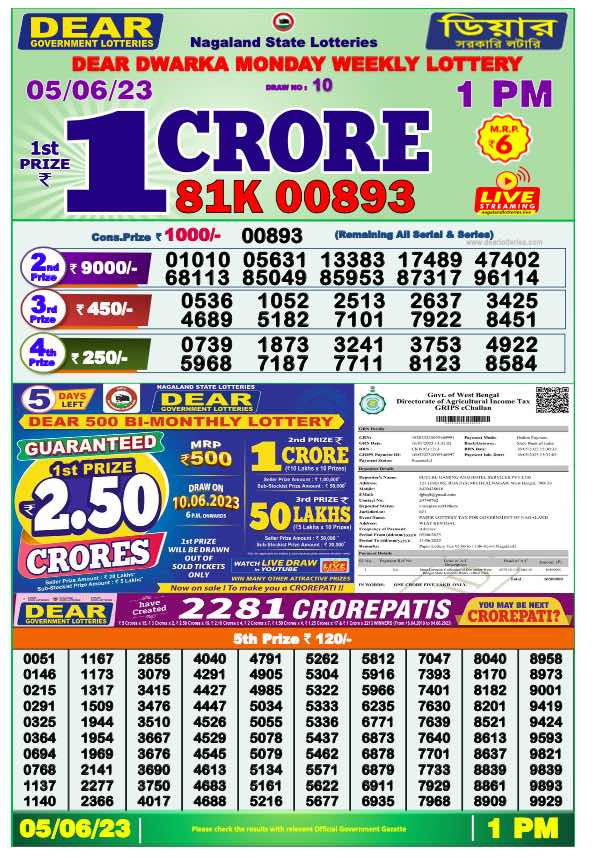 Lottery Sambad Morning Result 1 PM 5.6.2023