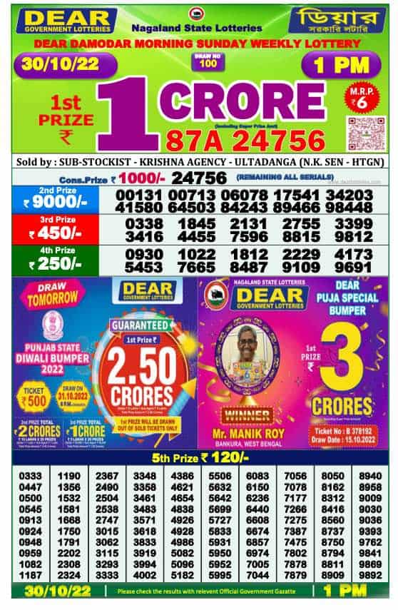 Lottery Sambad Result 1:00 PM Morning Nagaland Lottery 30.10.2022
