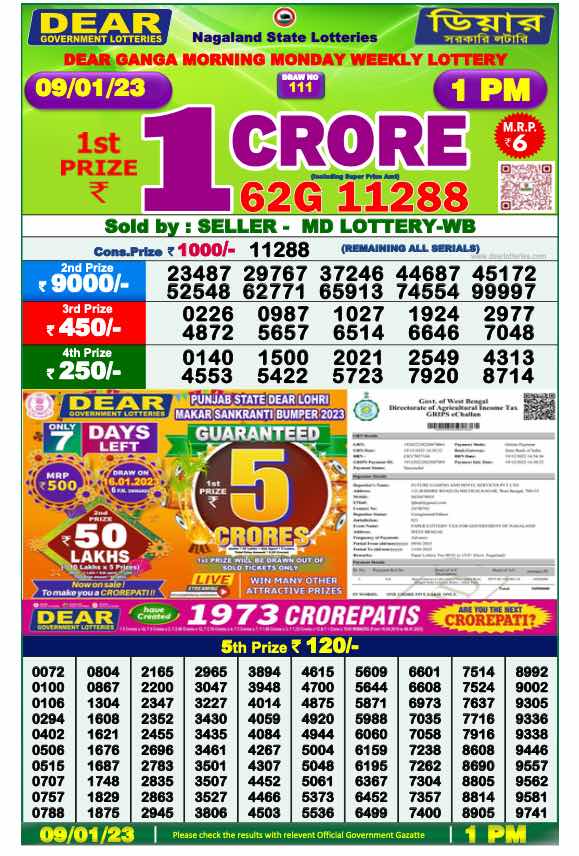 Lottery Sambad Morning Result 1 PM 9.1.2023