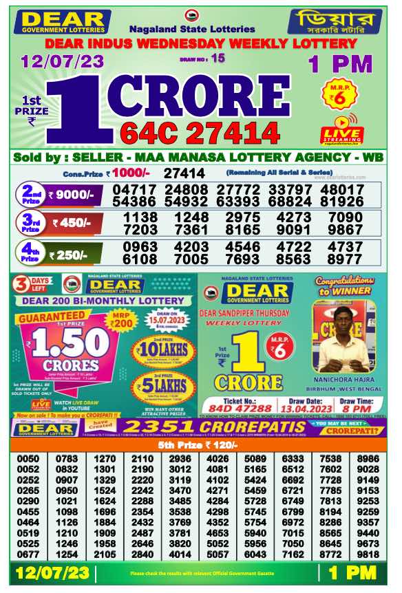 Lottery Sambad Morning Result 1 PM 12.7.2023
