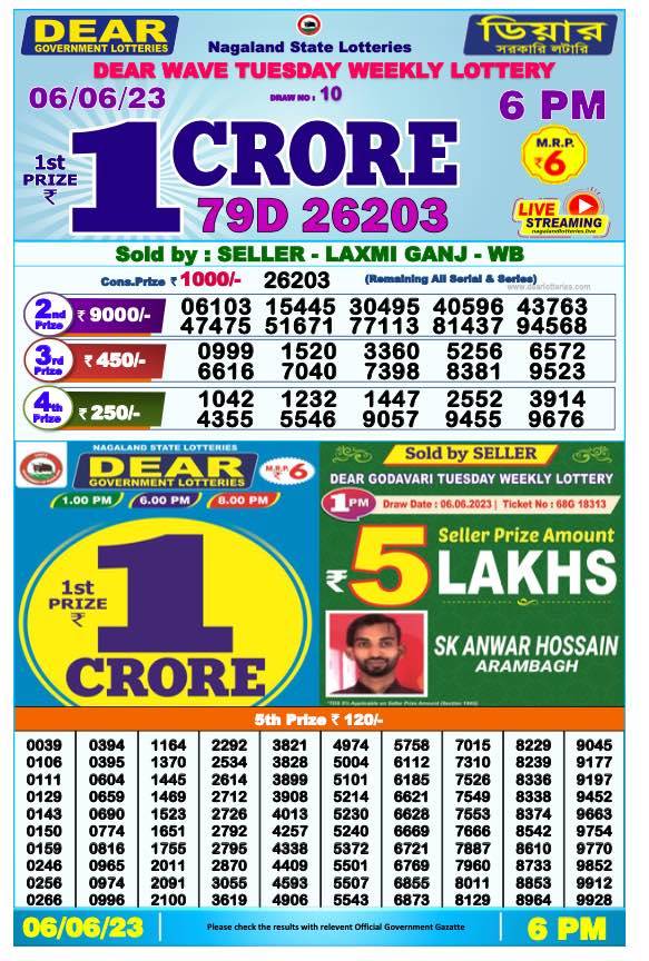 Lottery Sambad Day Result 6 PM 6.6.2023