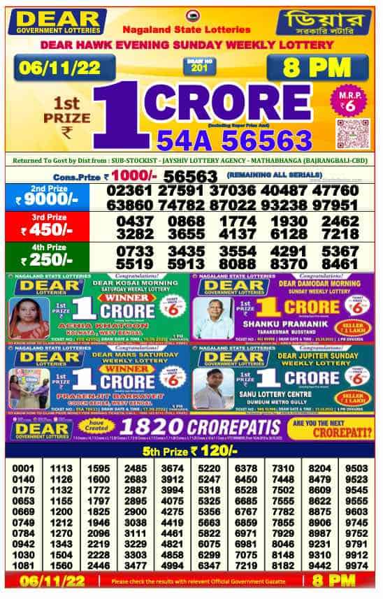 Lottery Sambad 8 PM Evening Result 6.11.2022