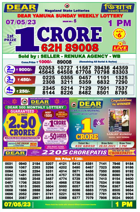 Lottery Sambad Morning Result 1 PM 7.5.2023