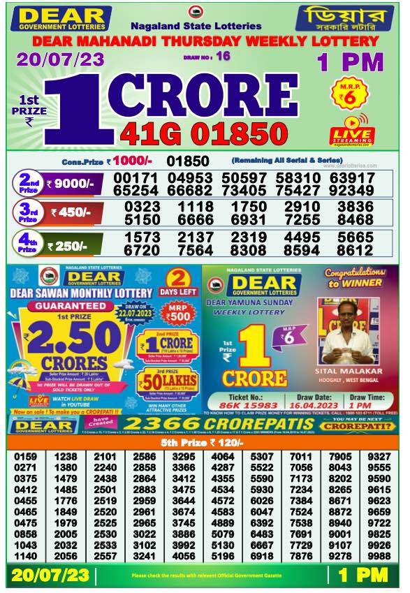 Lottery Sambad Morning Result 1 PM 20.7.2023