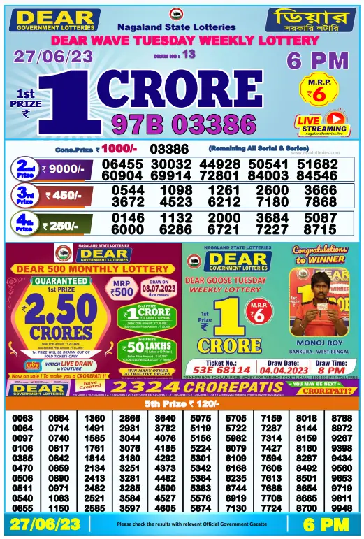 Lottery Sambad Day Result 6 PM 27.6.2023