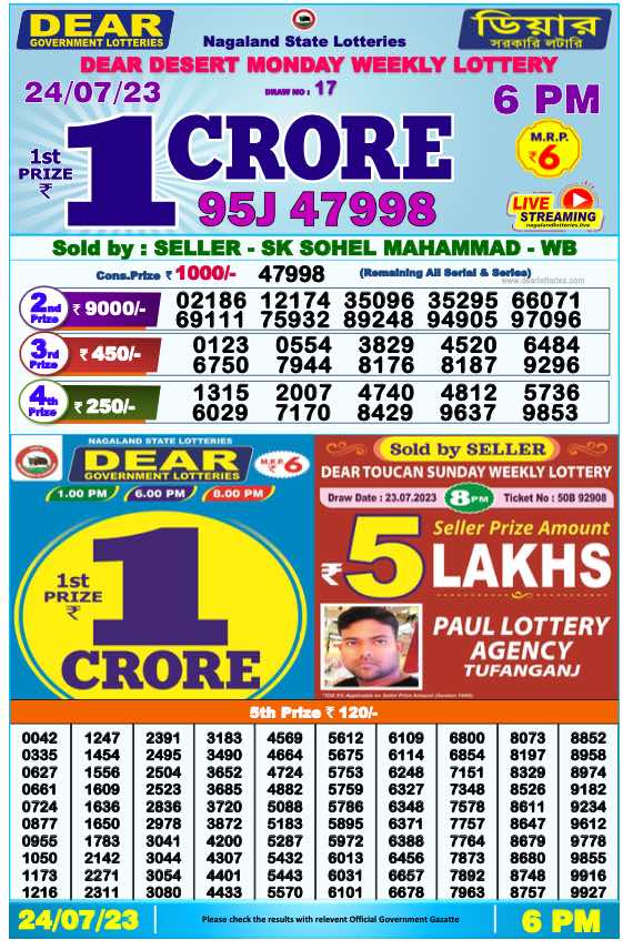 Lottery Sambad Day Result 6 PM 24.7.2023
