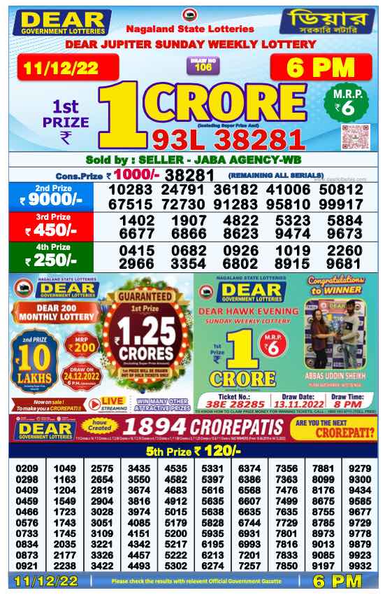 Lottery Sambad Day Result 6 PM 11.12.2022