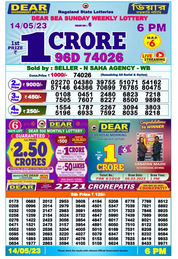 Lottery Sambad Day Result 6 PM 14.5.2023