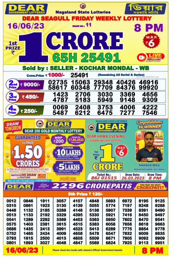 Lottery Sambad 8 PM Evening Result 16.6.2023