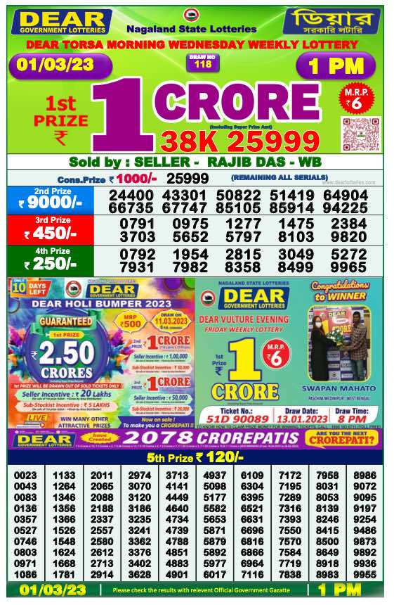Lottery Sambad Morning Result 1 PM 1.3.2023