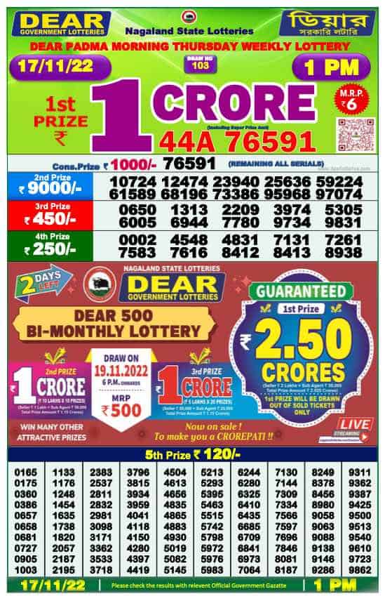 Lottery Sambad Result 1:00 PM Morning Nagaland Lottery 17.11.2022