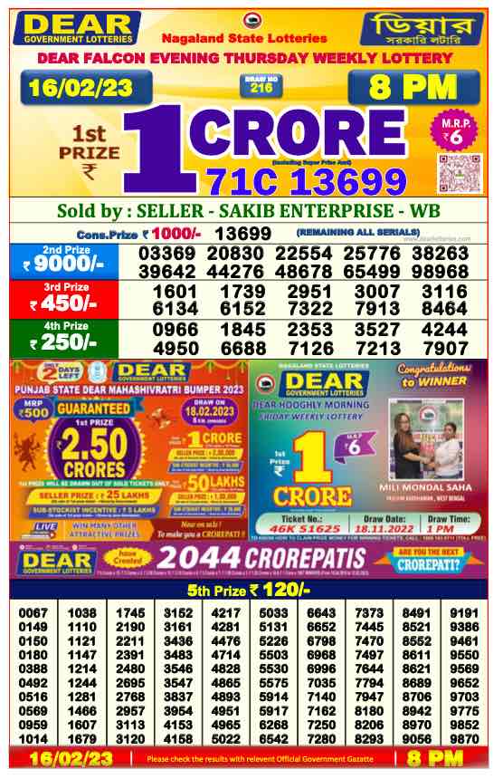 Lottery Sambad 8 PM Evening Result 15.2.2023