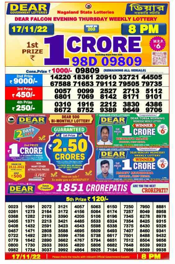 Lottery Sambad 8 PM Evening Result 17.11.2022