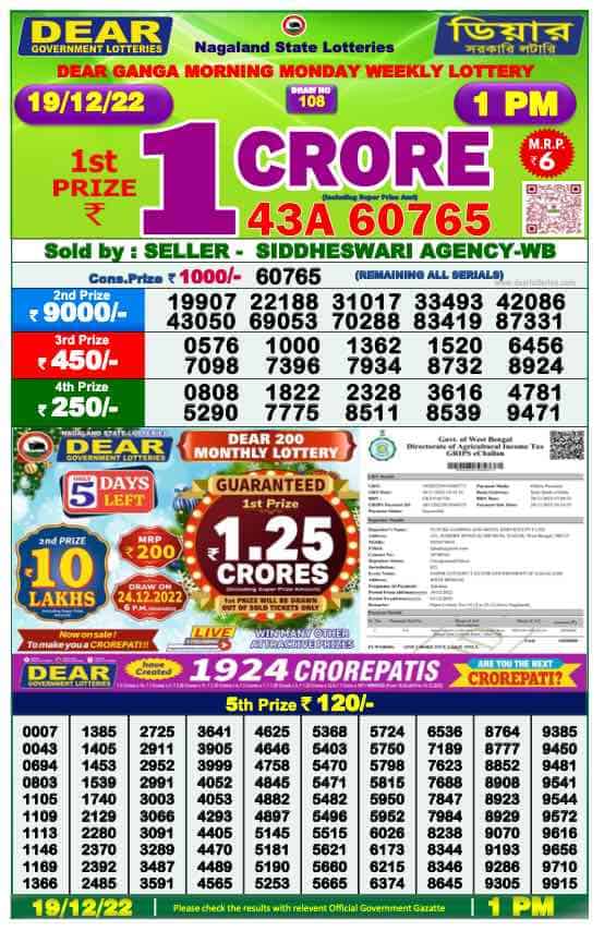 Lottery Sambad Morning Result 1 PM 19.12.2022