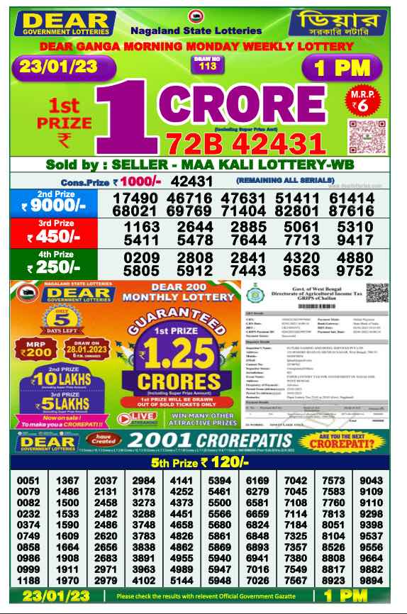 Lottery Sambad Morning Result 1 PM 23.1.2023