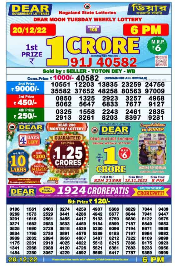 Lottery Sambad Day Result 6 PM 20.12.2022