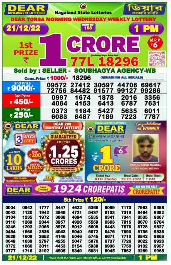 Lottery Sambad Morning Result 1 PM 21.12.2022
