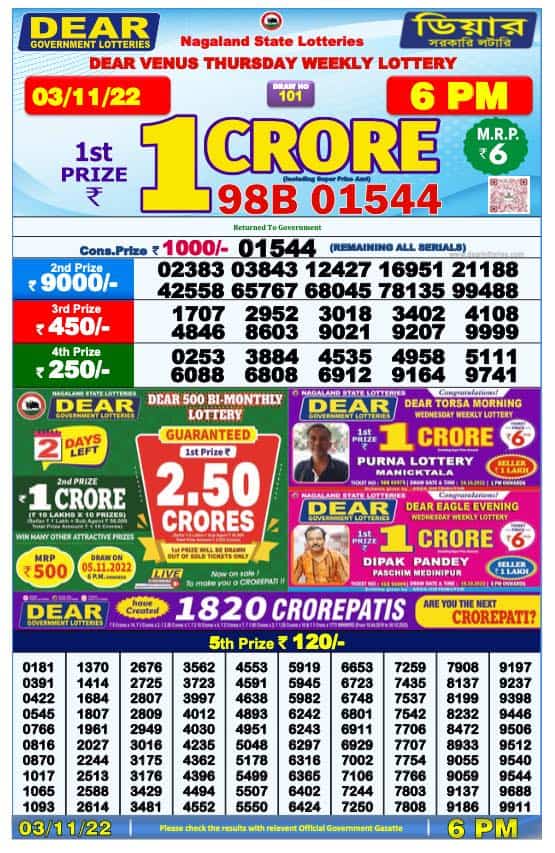 Lottery Sambad Day Result 6 PM 3.11.2022