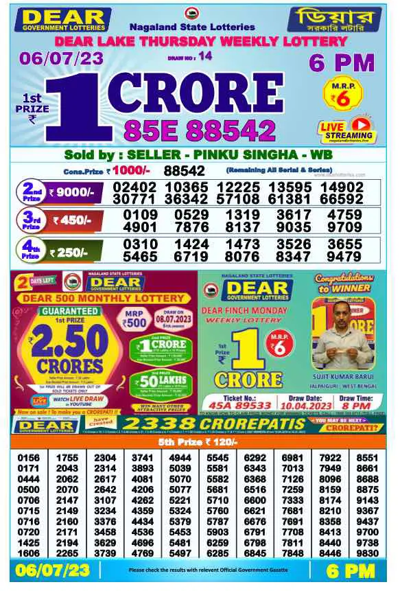Lottery Sambad Day Result 6 PM 6.7.2023