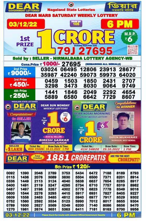 Lottery Sambad Day Result 6 PM 3.12.2022