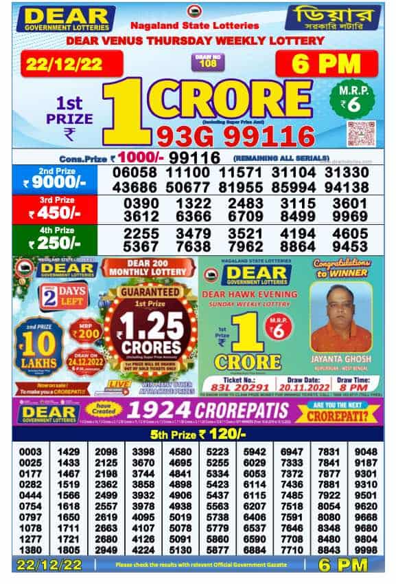 Lottery Sambad Day Result 6 PM 22.12.2022
