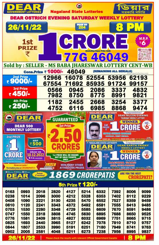 Lottery Sambad 8 PM Evening Result 26.11.2022
