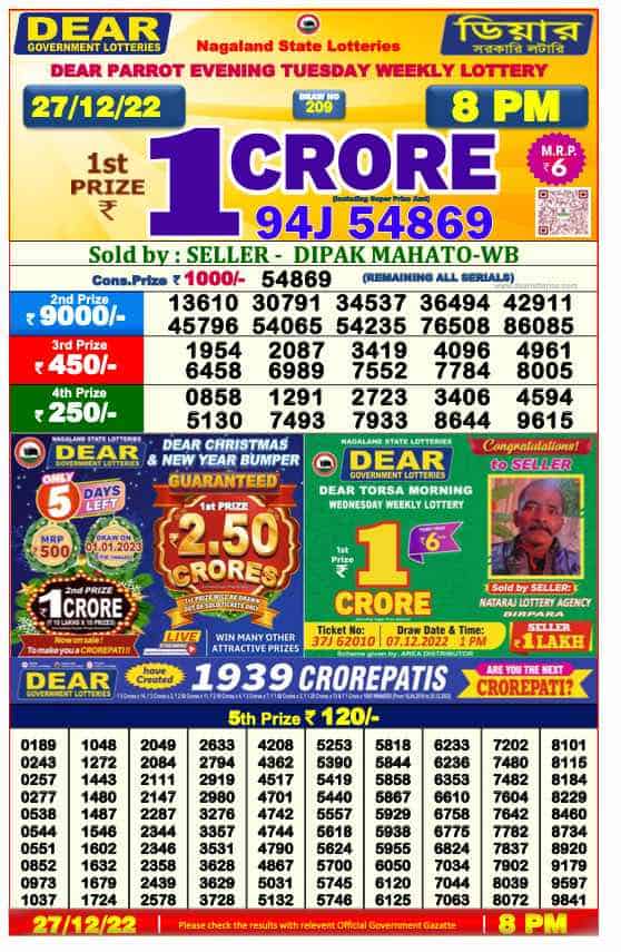 Lottery Sambad 8 PM Evening Result 27.12.2022