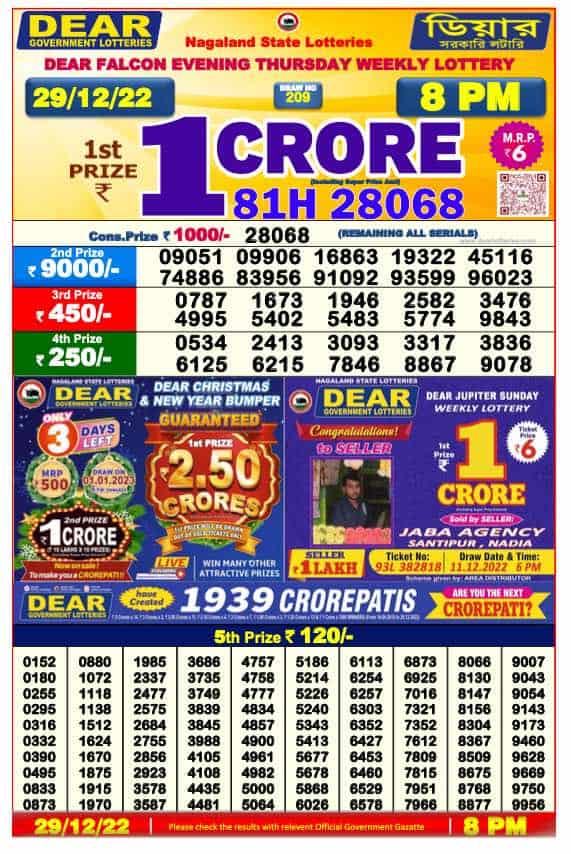 Lottery Sambad 8 PM Evening Result 29.12.2022