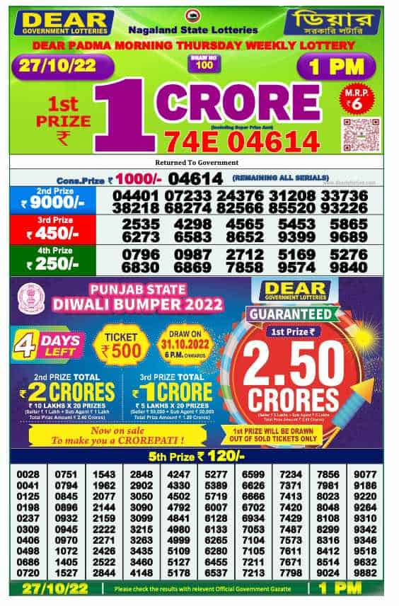 Lottery Sambad Result 1:00 PM Morning Nagaland Lottery 27.10.2022