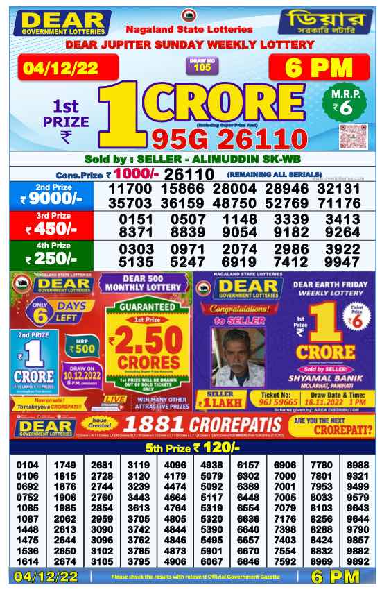 Lottery Sambad Day Result 6 PM 4.12.2022