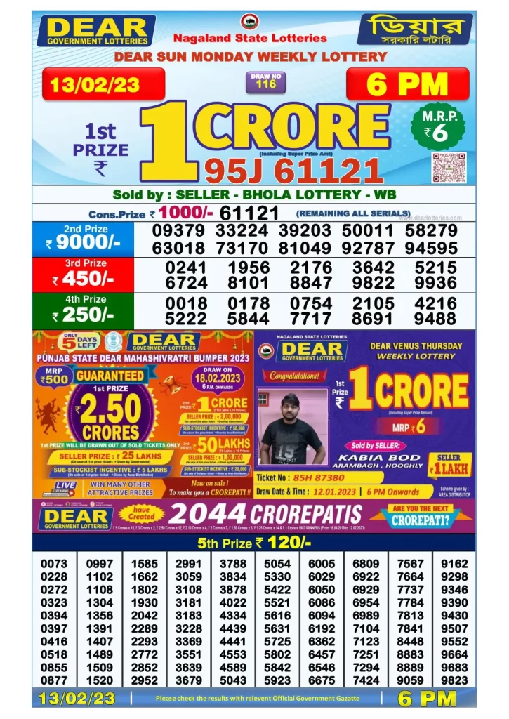 Lottery Sambad Day Result 6 PM 13.2.2023