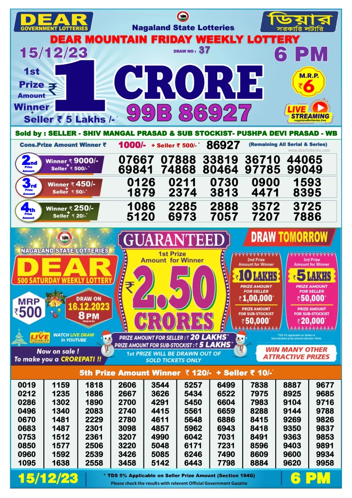 Lottery Sambad Day Result 6 PM 15.12.2023
