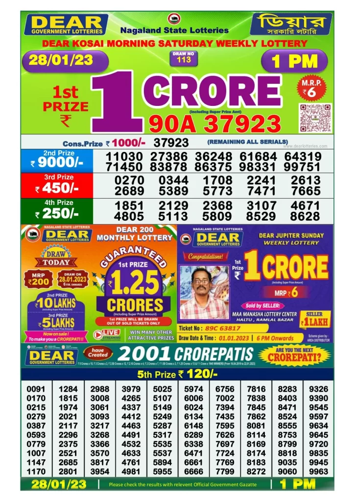 Lottery Sambad Day Result 6 PM 28.1.2023