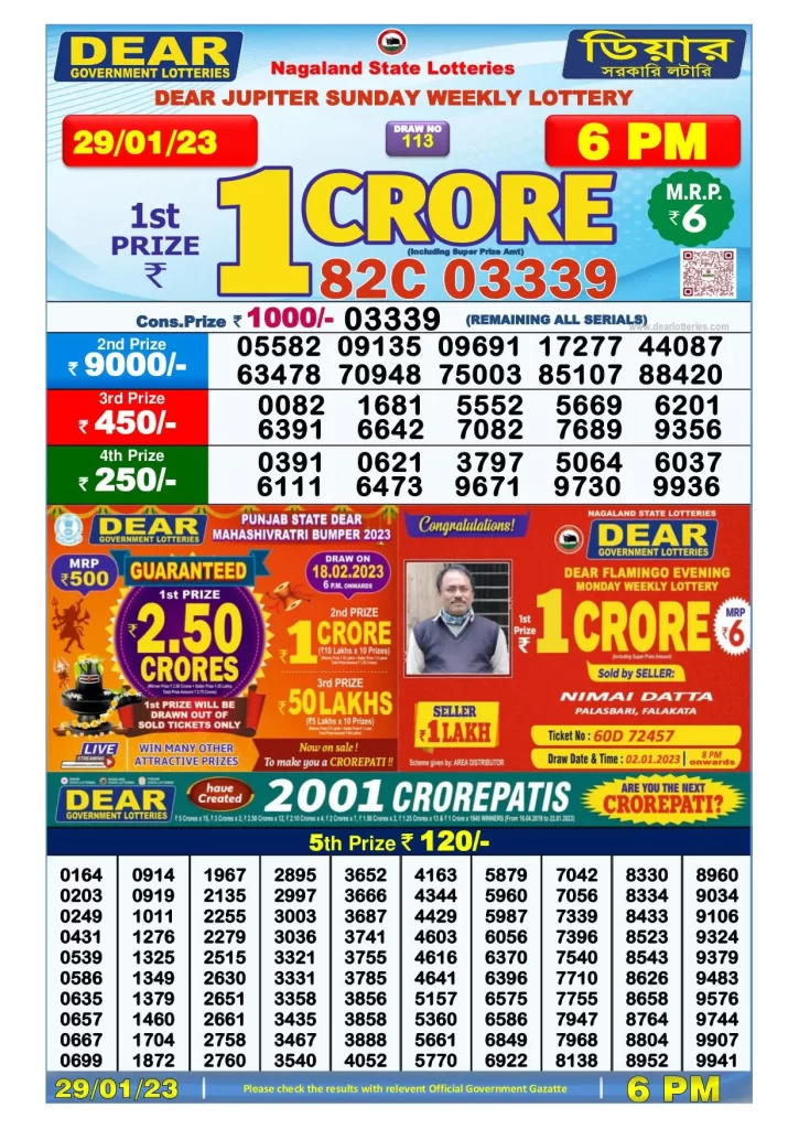 Lottery Sambad Day Result 6 PM 29.1.2023