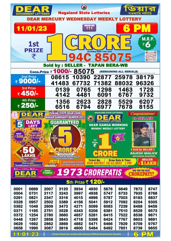 Lottery Sambad Day Result 6 PM 11.1.2023