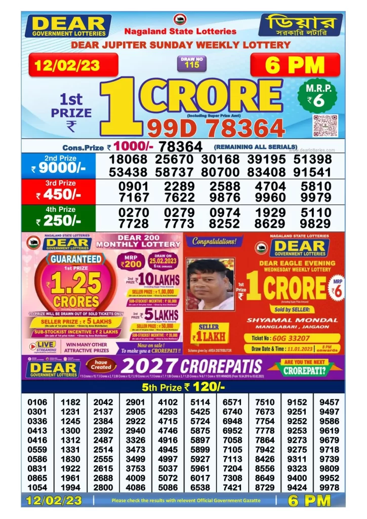Lottery Sambad Day Result 6 PM 12.2.2023