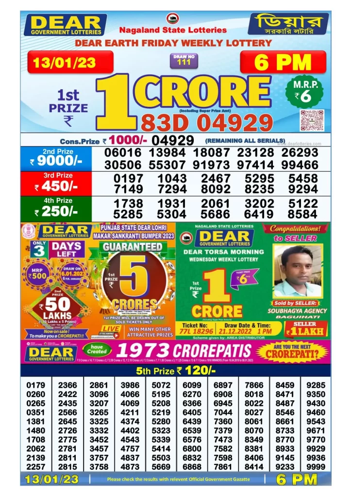 Lottery Sambad Day Result 6 PM 13.1.2023